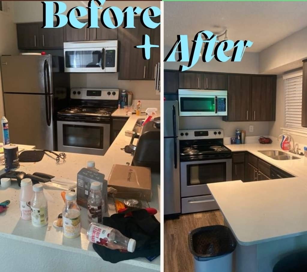 Before-and-after of a Central Texas kitchen cleaned by Bubblin' Betty's, with grease and clutter removed.