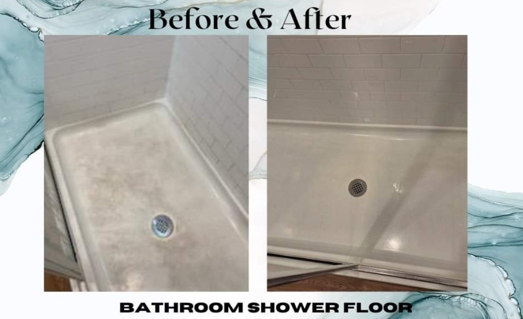 Restored bathroom shower and floor after sanitizing service by Bubblin' Betty's.