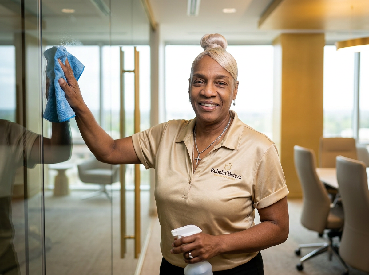 Ms. Audra Polk, owner of Bubblin' Betty's, cleaning a modern corporate office
