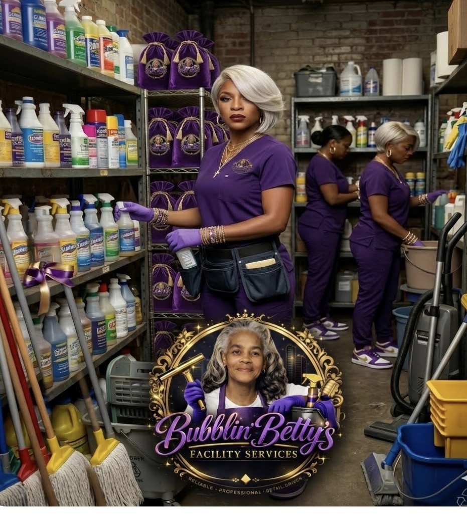 Bubblin' Betty's uniformed cleaning team with supplies